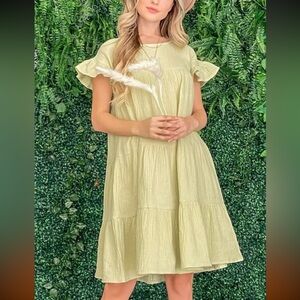 ANDTHEWHY M Light Green Cotton Gauze Ruffle Sleeve Dress